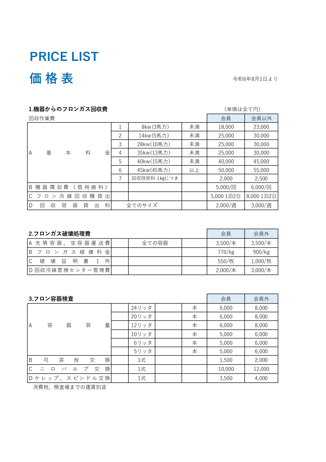 フロンガス価格表